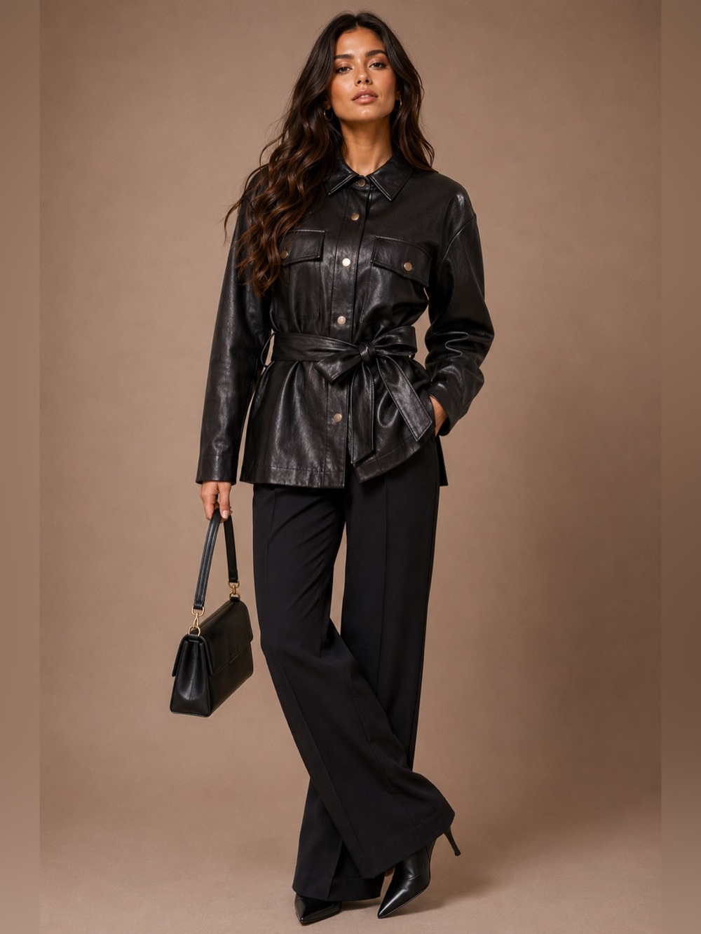 NWT Belted Button-Down Faux Leather Jacket - Deep Chocolate